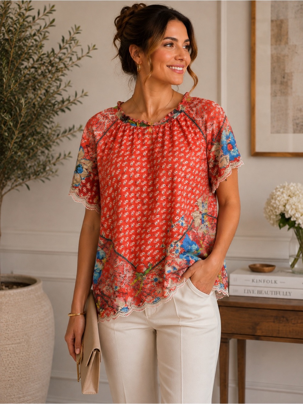 Johnny Was XL Coral Floral Boho Blouse Scallop Hem Cottagecore Resort Top Chic